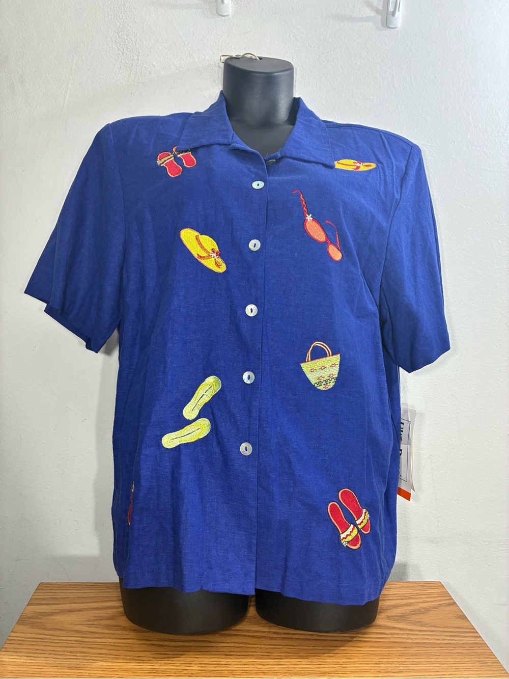 Women's Blue Embroidered linen blend Button-Up Blouse summer theme graphics